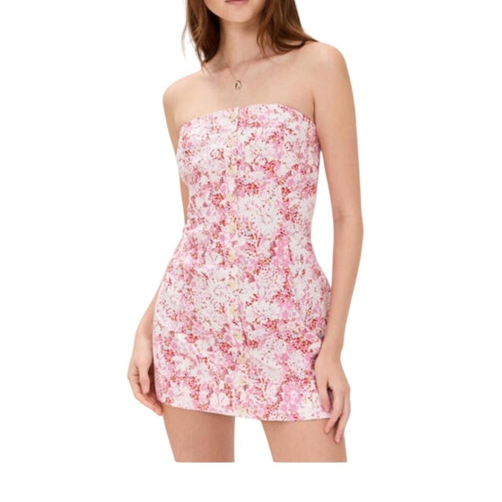 Free People Tomas Mini Dress Confetti Pink Floral Strapless Sz XL Romantic Party